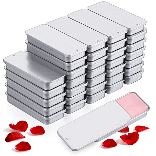 Norme 40 Pcs Slide Top Tin Small Rectangular Metal Tins Containers with Lids for Lip Balm Candies Jewelry Crafts Pills Storage Kit (Silver,3.15 x 1.38 x 0.43 Inch)