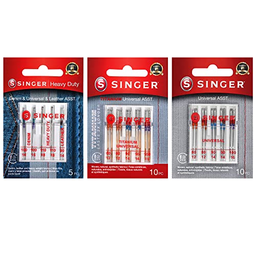SINGER Assorted Universal Regular Needle and Heavy Duty Needle Bundle for General Sewing in Sizes 80/12, 90/14, 100/16, 110/18, 25pc Set