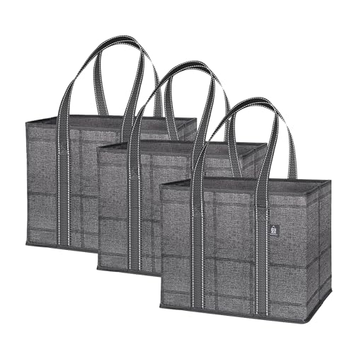 VENO 3 Pack Reusable Grocery Bags, Shopping Bags for groceries, Utility Tote with Handles and Hard Bottom, Foldable Shopping Cart Organizer, Multi-Purpose, Heavy-Duty (BLK Windowpane, 3 Pack)