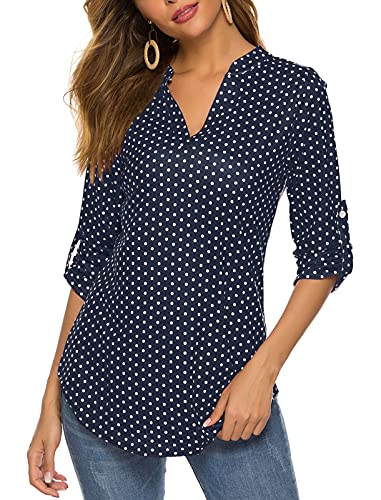 Halife Womens Tops and Blouses, Casual Style Elegant Shirt for Womens Long Sleeve Fall Blouse Navy Blue L