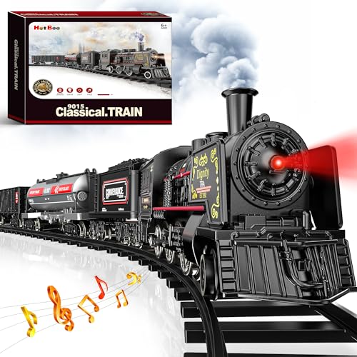 Hot Bee Train Set for Boys, Christmas Train Set w/Alloy Steam Locomotive, Metal Electric Trains w/Cargo Cars & Tracks, Model Train Toys w/Smoke,Sounds & Lights, Christmas Toys for 3 4 5 6 7+ Years Old