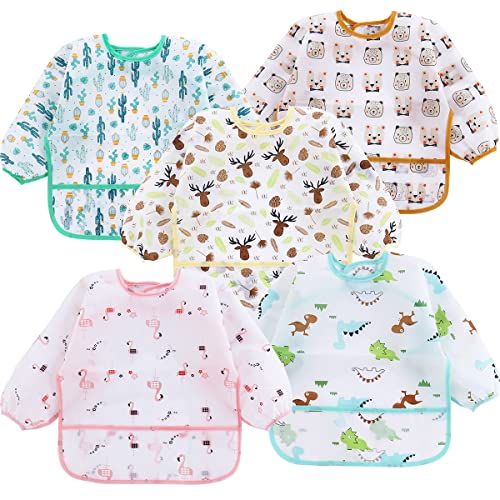 PandaEar 5 Pack Long Sleeve Bibs| Waterproof Full Bib with Sleeves for Babies Infant Toddler 6-24 Months| Mess Proof Baby Smock for Eating| Baby Apron for Feeding