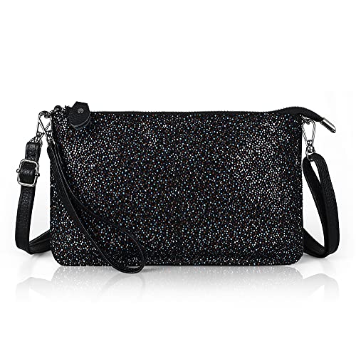 befen Glitter Black Leather Wristlet Clutch Wallet Purses Small Envelope Crossbody Bags for Women