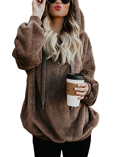 American Trends Oversized Sweatshirts for Women Athletic Womens Sherpa Hoodie Fluffy Women's Hoodies Pullover with Pockets Brown Medium