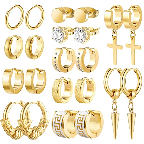 Earrings for Men Women, Funtopia 11 Pairs Stainless Steel 18K Gold Plated Small Hoop Earrings, Cross Dangle Earrings Set, Fashion Huggie Piercing Jewelry for Party Birthday, Gold