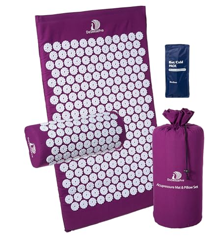 Acupressure Mat & Pillow Set with Hot/Cold Gel Pack for Back and Neck Pain Relief, Sciatica and Pressure Point Aches - Ideal Acupuncture Mat for Sleeping Aid & Workout Recovery - Purple