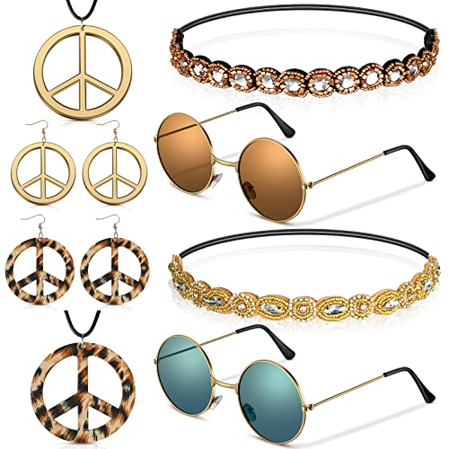 Tuanse 8 Pcs Hippie Costume Set 70s 80s Outfits for Women Girls Sunglasses Elastic Headband Peace Sign Necklace Earrings (Boho)