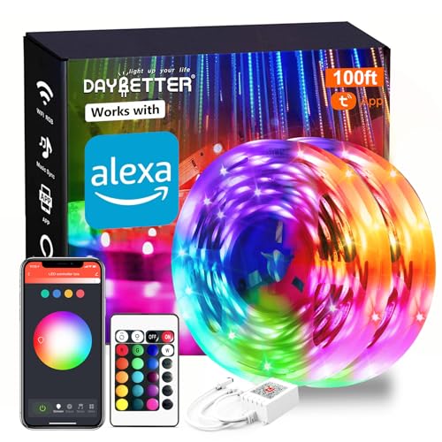 DAYBETTER Smart WiFi Led Lights 100ft, Tuya App Controlled Led Strip Lights, Work with Alexa and Google Assistant, Timer Schedule , Color Changing Led Lights for Bedroom Party Kitchen