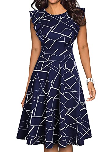 YATHON Women's Vintage Ruffle Floral Flared A Line Swing Casual Cocktail Party Dresses (S, YT001-Blue w Stripe)