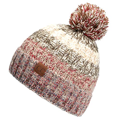 C.C Women's Winter Slouchy Knitted Hat Cable Knit Pom Beanie Hat (Beige)