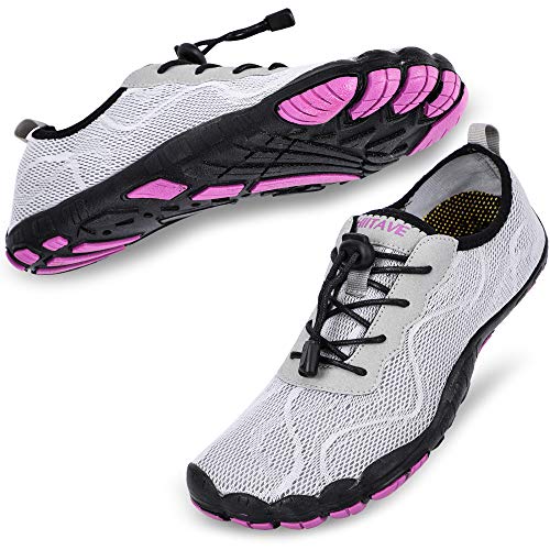 HIITAVE Women Water Shoes Quick Dry Barefoot Aqua Socks River Beach Swim Diving Surf Pool Yoga Light Gray/Purple 7 M US Women