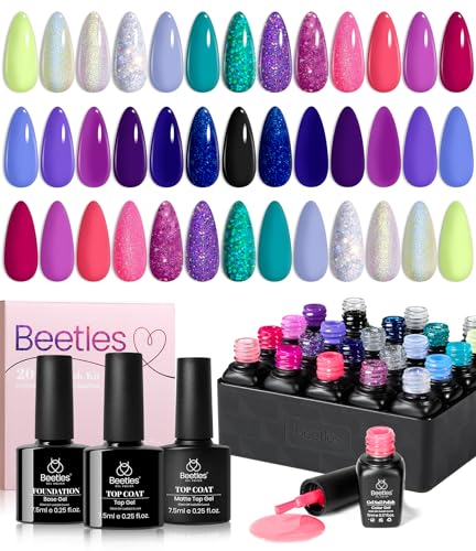 Beetles 20 Colors Gel Nail Polish Kit Midnight Euphoria Collection 23 Pcs Purple Blue Hot Pink Glitter Gel Polish Set Soak off Uv Glossy & Matte Top Base Coat Gift for Girls