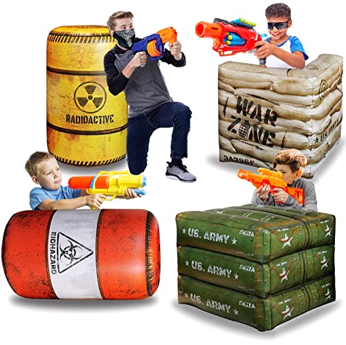 Premium Package 4 Combat Battlefield Inflatables, Compatible with Nerf, Laser tag, Water Gun for Boys Birthday Party Activities and Decoration [Premium Pack, Extra Water chember + Riper Stickers Kit]