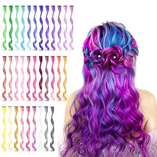 32 PCS Colored Clip in Hair Extensions, BEAHOT 17 Inch Rainbow Long Curly Wavy Hairpieces Clip in Synthetic, Halloween Cosplay Dress Up Fashion Party Christmas New Year Gift for Women Kids Girls