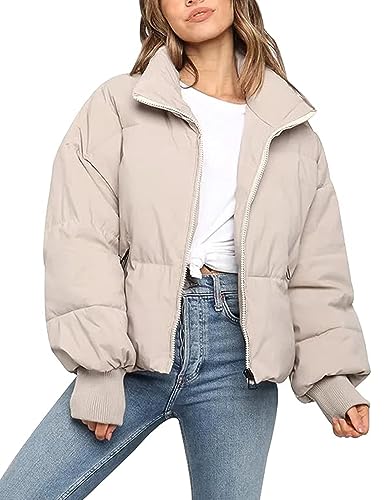 Gihuo Women’s Winter Cropped Puffer Jacket Coat Short Warm Quilted Jacket(Beige-L)