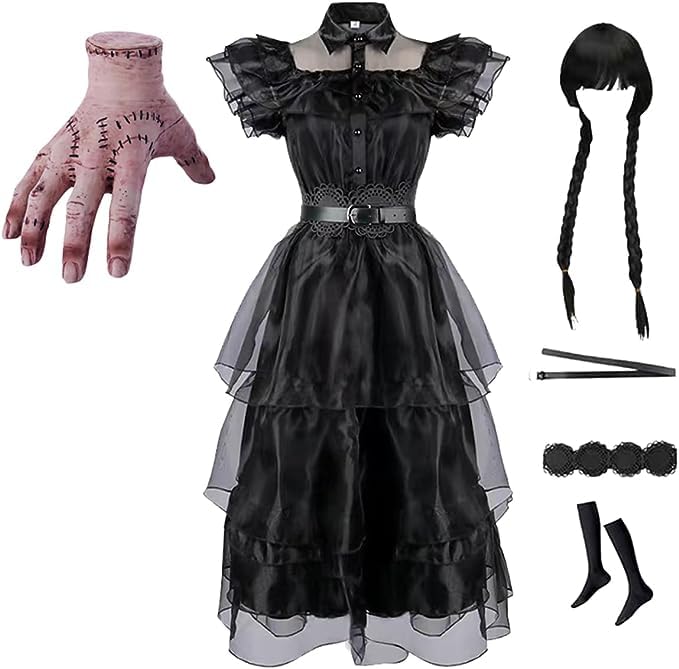 YDYDYYD Wednesday Addams Dress Halloween Costumes Girls Kids Toddler, with Props Thing Hand/Wig/Belt/Socks for 3-14Years (36 Inch/6-7years)