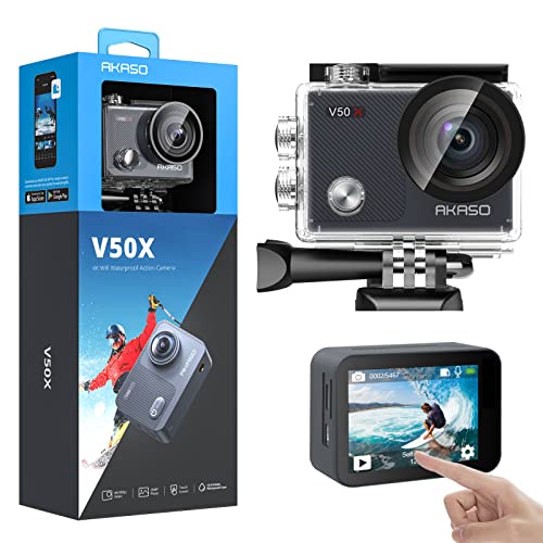 AKASO V50X Native 4K30fps WiFi Action Camera with EIS Touch Screen 4X Zoom 131 feet Waterproof Camera Support External Mic Remote Control with Helmet Accessories (without 64GB MicroSD Card)