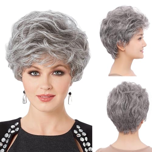 BESTUNG Ladies Gray Short Curly Synthetic Full Hair Wigs Natural Wavy Fluffy Mom Costume Old Grandma Cosplay Wigs for Women (Curly Silver Gray)