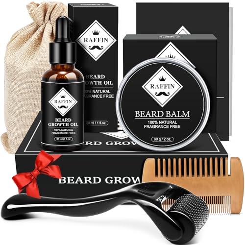 RAFFIN Beard Growth Kit - Beard Kit w/Beard Growth Oil, Beard Balm, 0.25mm Beard Massager, Beard Comb, Beard Kit for Patchy Beard, Anniversary &Birthday Gifts for Him Boyfriend Husband Dad Men
