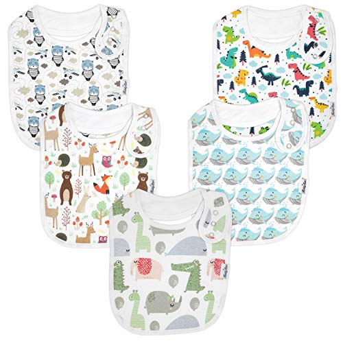 KiddyStar Premium 100% Organic Cotton Toddler Bib, 5-Pack Extra Large Baby Bibs, Baby Shower Item for Feeding, Drooling, Teething (Dinos & Whales)