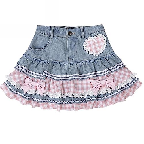Preppy Lolita Kawaii Skirts Sweet Mini Women Cute Ball Gown Denim Skirt Y2K High Waist Lace Cake Skirts (Blue,S,Small)