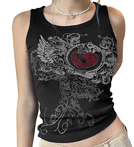 Meladyan Women Heart Rhinestone Graphic Print Sleeveless Crop Tank Ribbed Fairy Grunge 90s E-Girl Goth Vest Shirt Top Medium