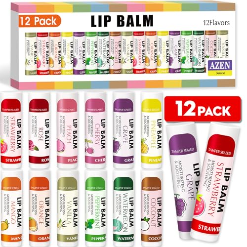 AZEN 12 Pack Lip Balm, Natural Lip Balm Bulk, Lip Care Product, Moisturizing Lip Balm for dry cracked lips - 12 Flavors