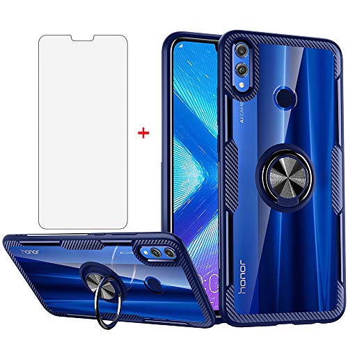 Phone Case for Huawei Honor 8X with Tempered Glass Screen Protector Clear Cover and Magnetic Stand Ring Holder Bumper Slim Hard Cell Accessories Protective Transparent Huwai Honor8X Cases Men Blue