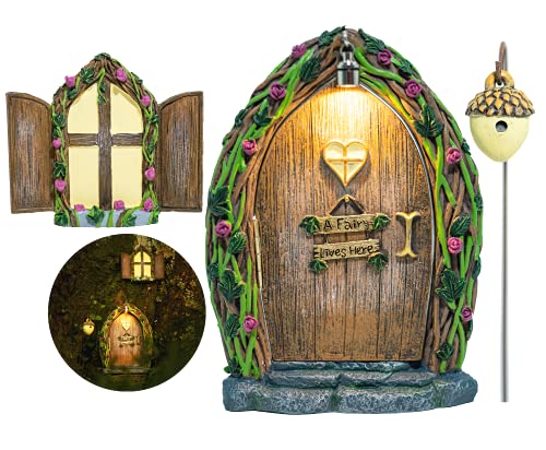 Opening Fairy Door and Window for Trees with Light – Glow in The Dark Yard Art Sculpture Decoration for Kids Room, Wall and Trees Outdoor | Miniature Fairy Garden Outdoor Decor Accessories