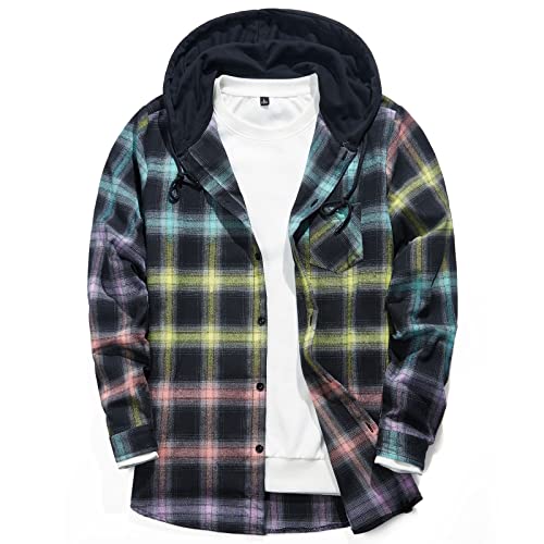 DEVIL KING Men's Hooded Flannel Shirts Jackets Casual Long Sleeve Lightweight Flannel Hoodie Rainbow