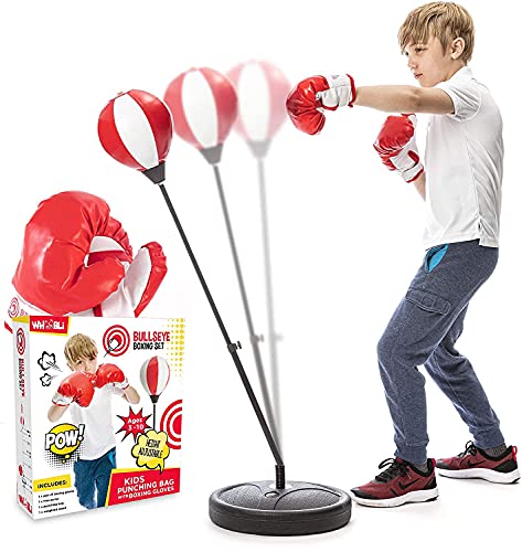 Whoobli Punching Bag for Kids Incl Boxing Gloves | 3-10 Years Old Adjustable Kids Punching Bag with Stand | Boxing Bag Set Toy for Boys & Girls (Red White); New 2024…