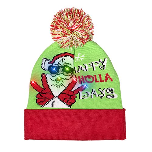 Windy City Novelties | LED Light-up Knitted Ugly Sweater Holiday Xmas Christmas Beanies with 3 Flashing Modes | Essential for Christmas Parties, Snowball Fights, Ice Skating (Happy Holla Days)