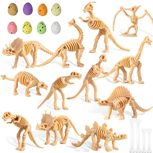 24 Pcs Dinosaur Fossil Skeleton Dino Bones Dino Sand Dig Colorful Foam Dinosaur Eggs and 4 White Plastic Bones Toys for Kids Science Play Dino Sand Dig Halloween Party Decor Supplies (Light)