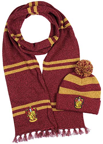 Harry Potter Hogwarts Houses Knit Gryffindor Scarf & Pom Beanie Set (Gyffindor)
