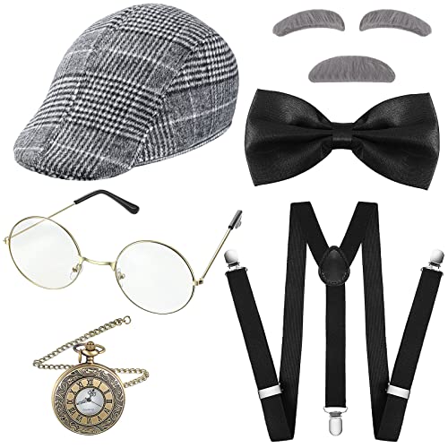 8 Pcs Old Man Costume for Men Boys 1920s Grandpa Accessories Set 100th Day of School for Child Kids Beret Hat Glasses Eyebrows Suspender Watch (Light Gray,Simple Style)