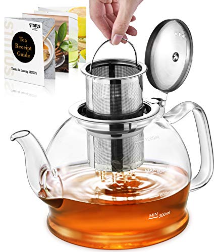 STNTUS Glass Teapot, 40 oz. / 1200 ml for Loose Tea, Glass Teapot with Infusers for Loose Tea, Tea Pot for Stove, Teapot with Stainless Steel Strainer, Teapot for 4-6 Cups