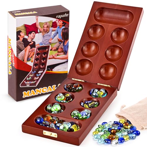 ropoda Update Mancala Board Game Set with Folding Rubber Wood Board & 72+8 Multi Color Glass Stones & Stone Storage Bag - Marble Game for Daily Life, Party, Festival – Portable for Kids and Adults
