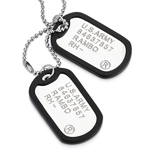 COOLSTEELANDBEYOND Two-Pieces Military Army Dog Tag with Black Silicone Mens Pendant Necklace, 28 inches Ball Chain