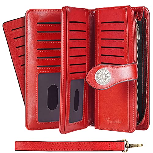 Travelambo Womens Wallet Large Capacity RFID Blocking Genuine Leather Wristlet Wallets(Red)