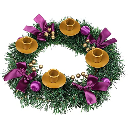 MorTime Christmas Advent Wreath, 14 in Purple Ribbon Christmas Wreath Advent Ring Candle Holder, Christmas Centerpiece Decoration with Glitter Berries for Winter Holidays Home Decor