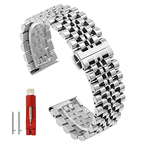 SINAIKE 20mm Watch Band Elegant Butterfly Clasp 7 Rows Watch Bracelet Metal Replacement Wristband for Men Women Silver Push Button Watch Strap Quick Release Stainless Steel Band