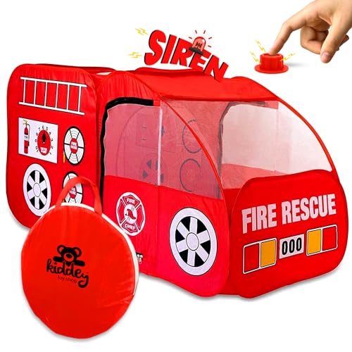 Kiddey Fire Truck Play Tent for Kids - Firetruck Tents with Sirens and Fireman Sound Button for Girls, Boys, & Toddlers Gifts - Red Fire Engine Pop Up Playhouse for Toddler - Indoor & Outdoor