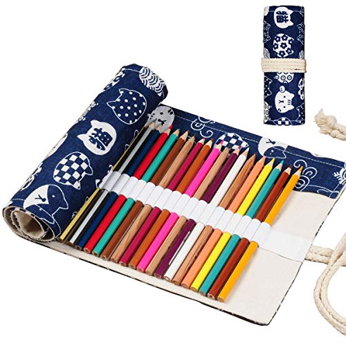 enyuwlcm Canvas Stationery Handmade Roll Up Pencil Case for Artist Pencil Wrap Coloring Pencil Holder 24/36/48/72 Slots Cat Pattern Blue(72slots)