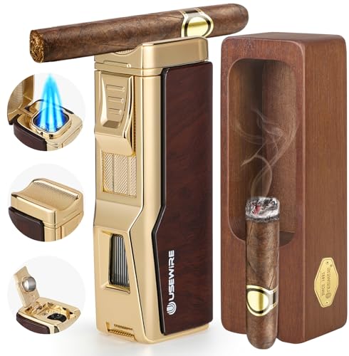 USEWIRE Cigar Lighter and Ashtray Set, 4 Jet Flame Windproof Lighter, with Cigar Holder and Cigar Punch, Refillable Butane Gas Lighter, Multifunctional Cigar Accessories Gift Set for Cigar Lovers