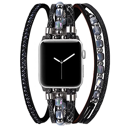 Vikoros Cute Bands Compatible with Apple Watch Band Ultra iWatch Series 8 7 6 5 4 3 2 1 SE 38mm 40mm 41mm for Women, Luxury Designer Thin Leather Metal Bracelet Charms Strap for iWatch Bands Black Silver