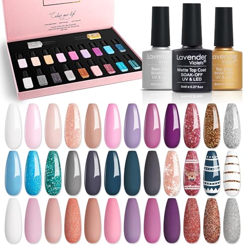 Lavender Violets Gel Nail Polish Kit - 18+3 Colors Nude Pink Blue Soak-off UV LED Nail Gel with Base, Matte and Glossy Top Coat F984