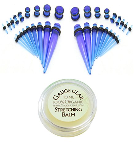Zaya Body Jewelry 36pc Ear Stretching Starter Kit Blue Gauges 14g-00g Plus Instructions Gauge Gear Lube