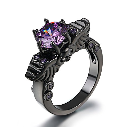 FENDINA Womens Vintage Black Gold Plated Wedding Engagement Rings Double Dragon Head 6 Prong Created Amethyst Solitaire Anniversary Promise Rings, Size 8