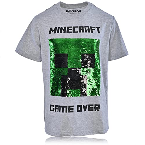 Minecraft Boys Video Game T-Shirt - Black and Green Creeper Face - Official Shirt (Heather Grey Sequins, Medium)