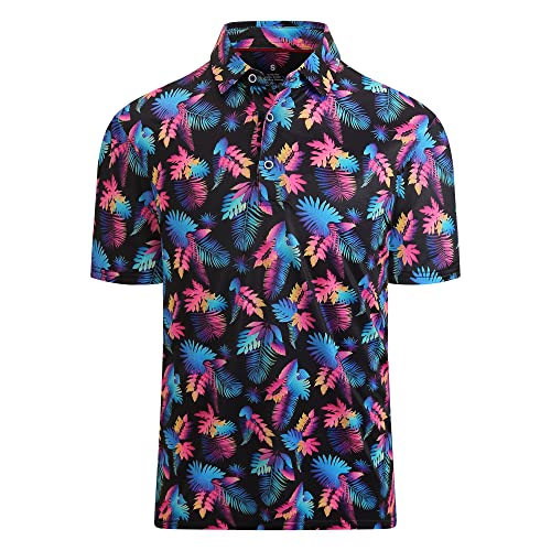 Esabel.C Golf Shirts for Men Dry Fit Performance Short Sleeve Print Moisture Wicking Collared Shirt,Black,XL